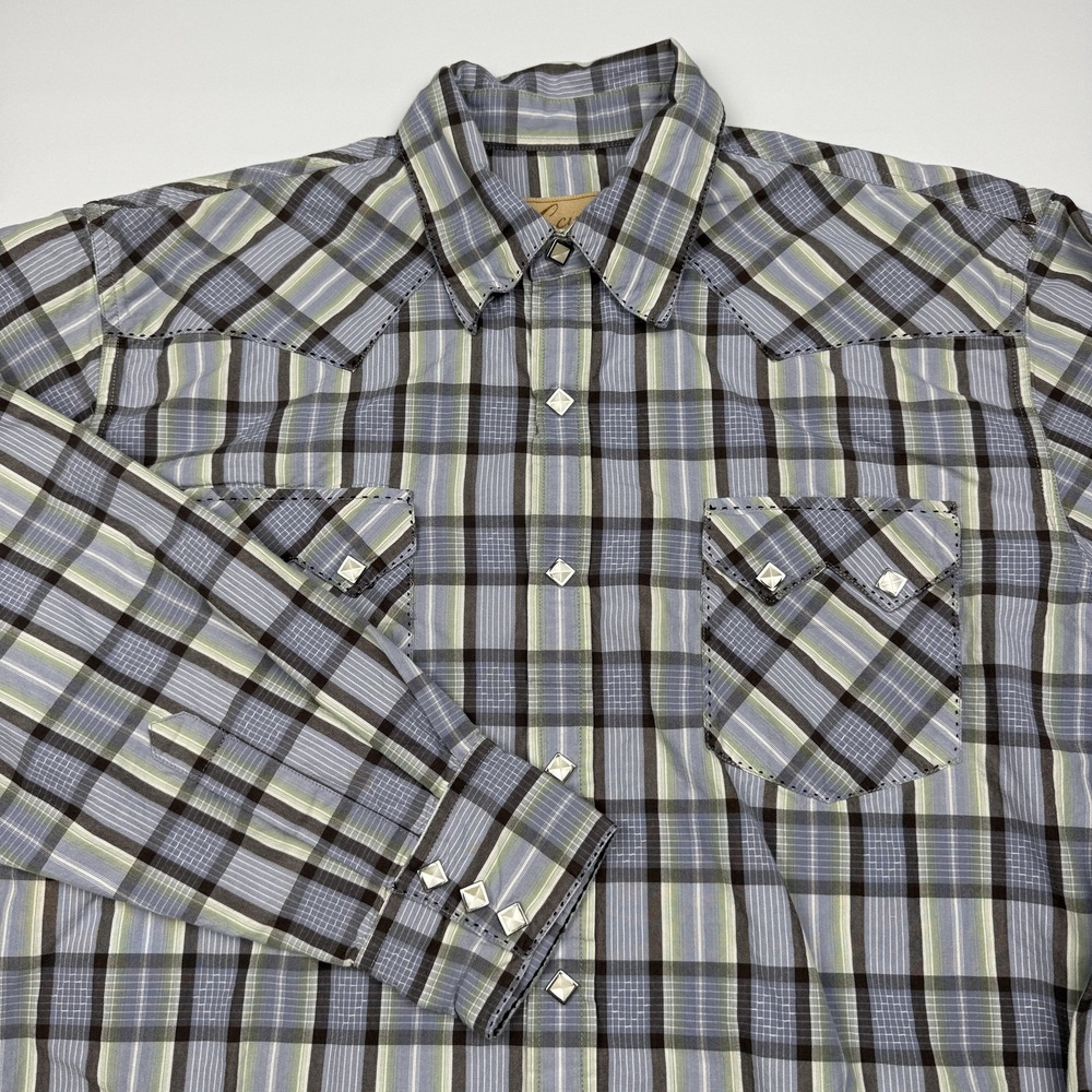 Scully Shirt Mens Medium Blue Plaid Western Long Sleeve Snap Button Up Sawtooth